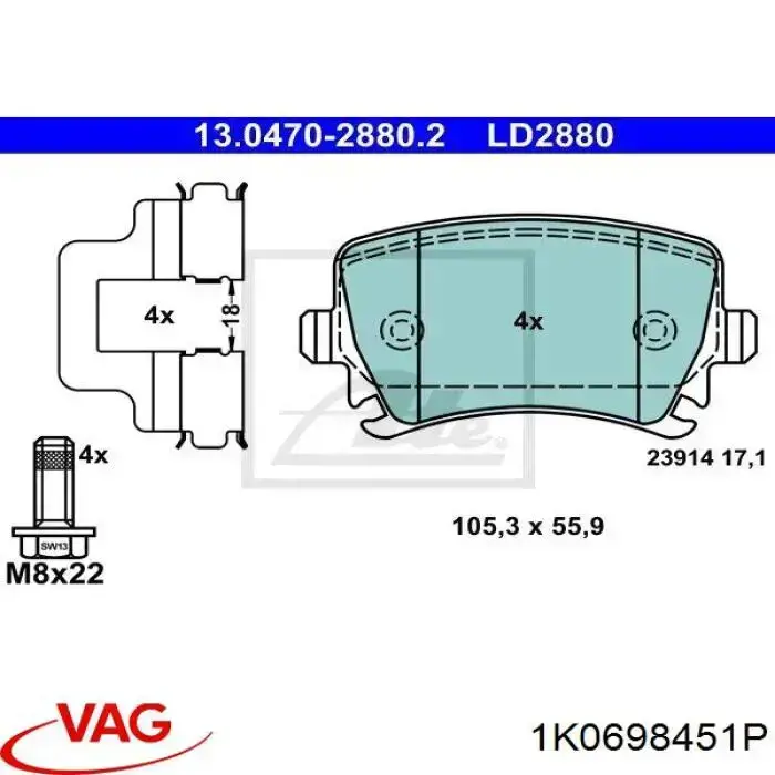Pastillas de freno traseras Volkswagen Caddy 3 2KB, 2KJ, 2CB, 2CJ