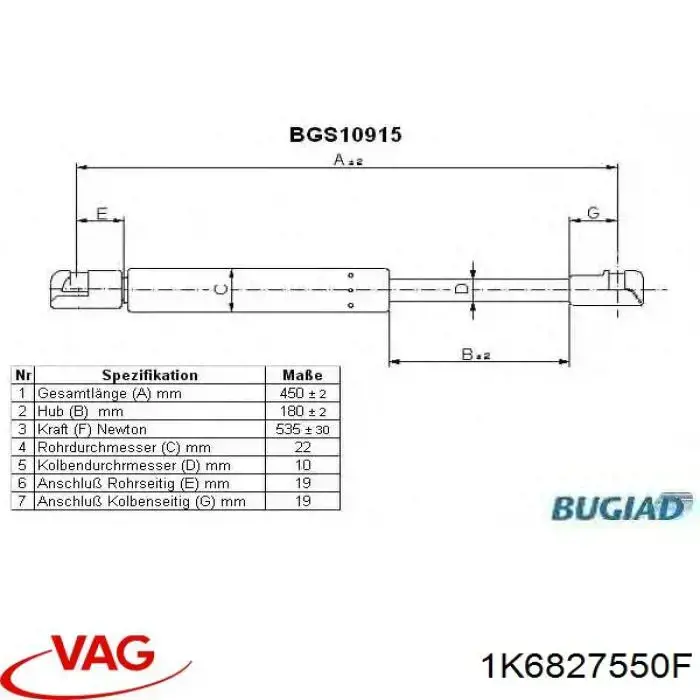 Amortiguador maletero 1K6827550F VAG