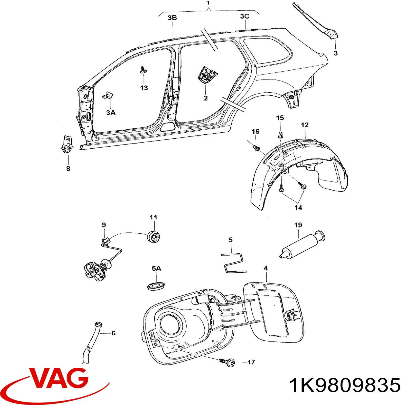 1K9809835 VAG parante panel lateral, chapa, puerta izquierda