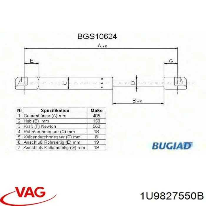 Muelle neumatico maletero VAG 1U9827550B