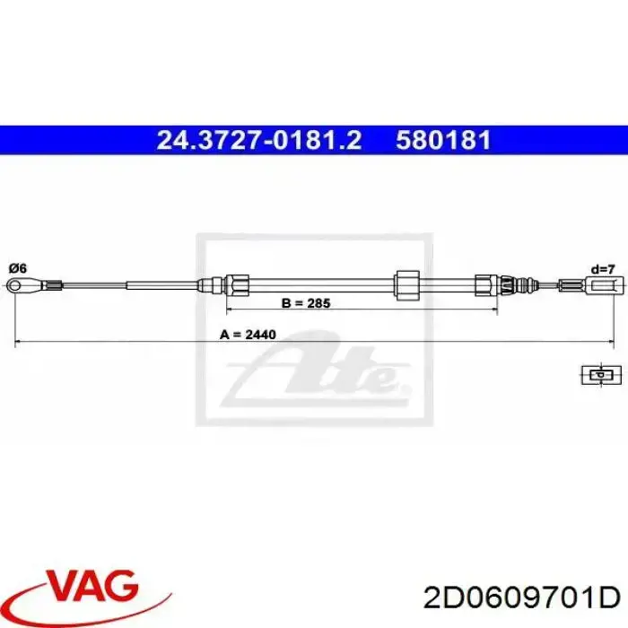 2D0609701D VAG cable de freno de mano delantero