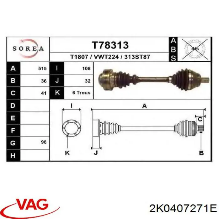 Comprar 2K0407271E VAG Semieje delantero izquierdo