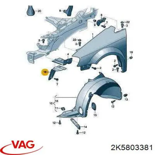 2K5803381 VAG Soporte delantero izquierdo para aleta delantera