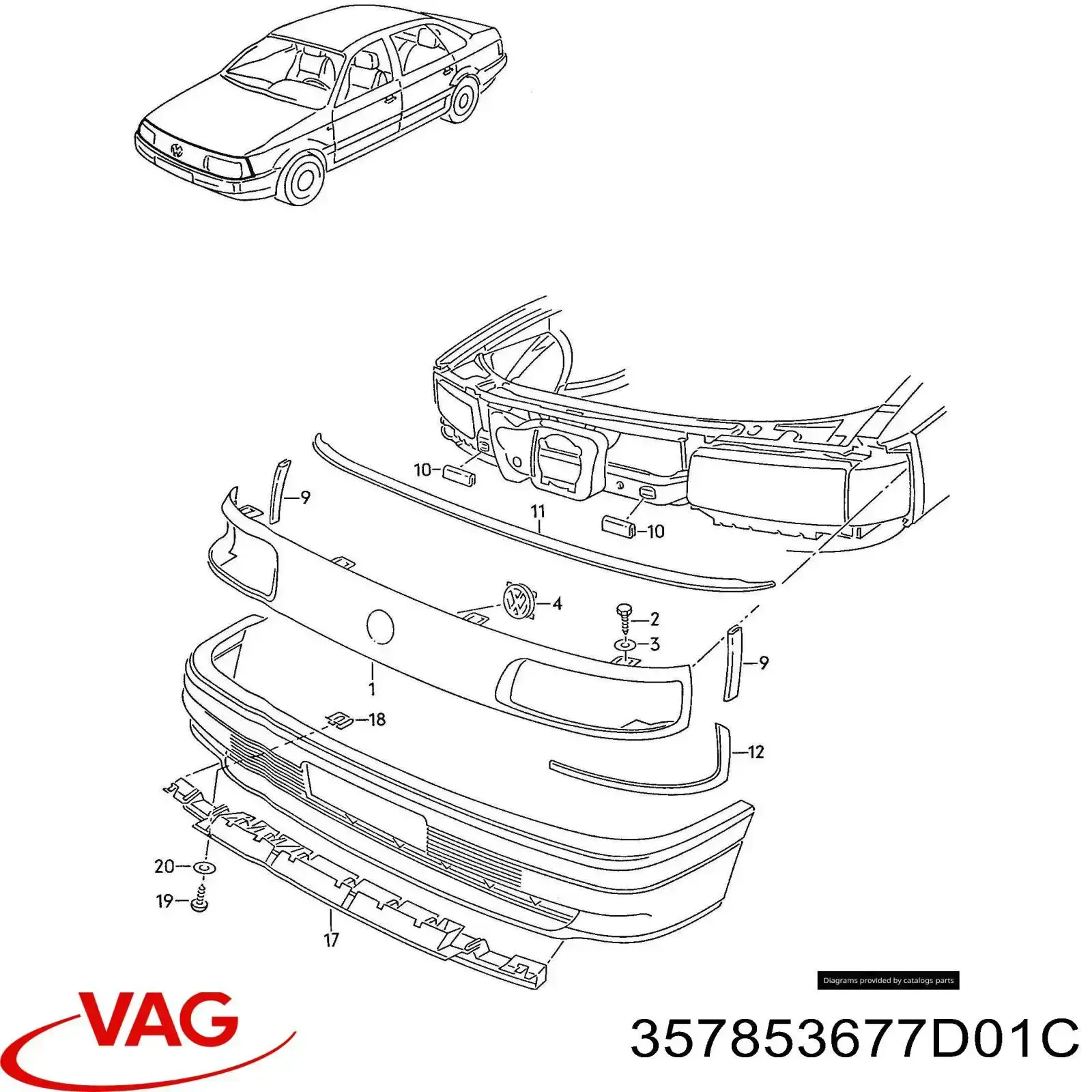 Rejilla de ventilación, parachoques delantero, central para Volkswagen Passat (B3, B4, 3A2, 351)