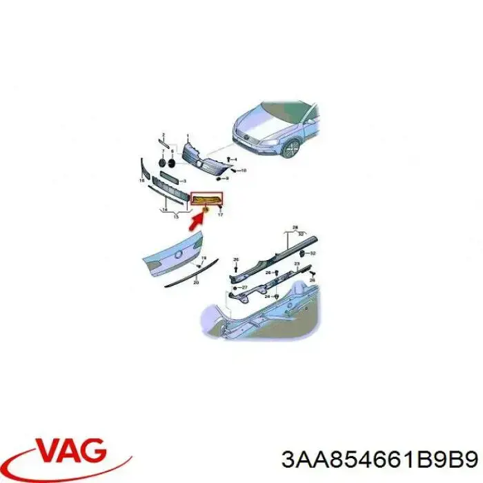 Rejilla de ventilación, parachoques trasero, izquierda para Volkswagen Passat (B7, 365)