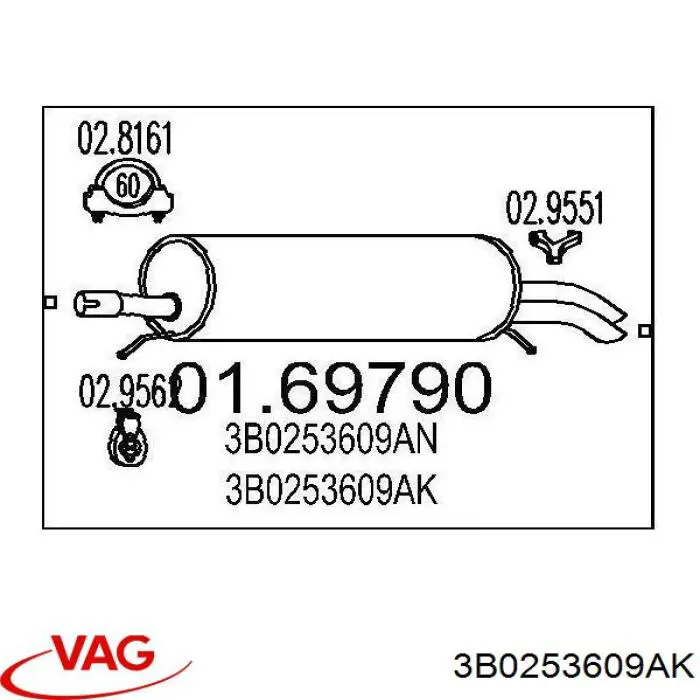 3B0253609L VAG silenciador posterior
