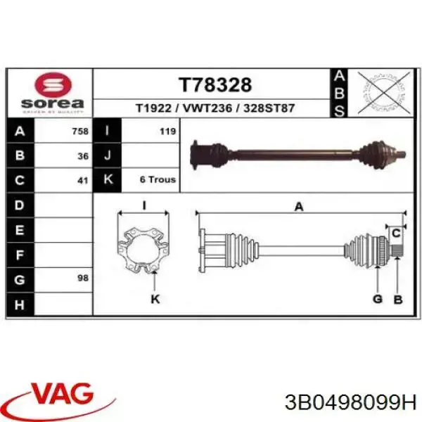 Comprar 3B0498099H VAG Junta homocinetica