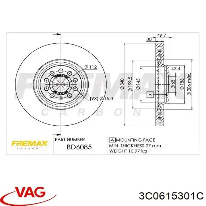 Disco de freno delantero VAG 3C0615301C