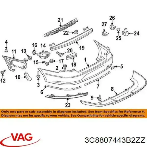 3C8807443B2ZZ VAG moldura de parachoques trasero central