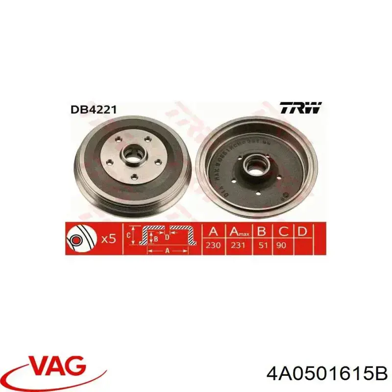 Tambor de freno trasero 4A0501615B VAG