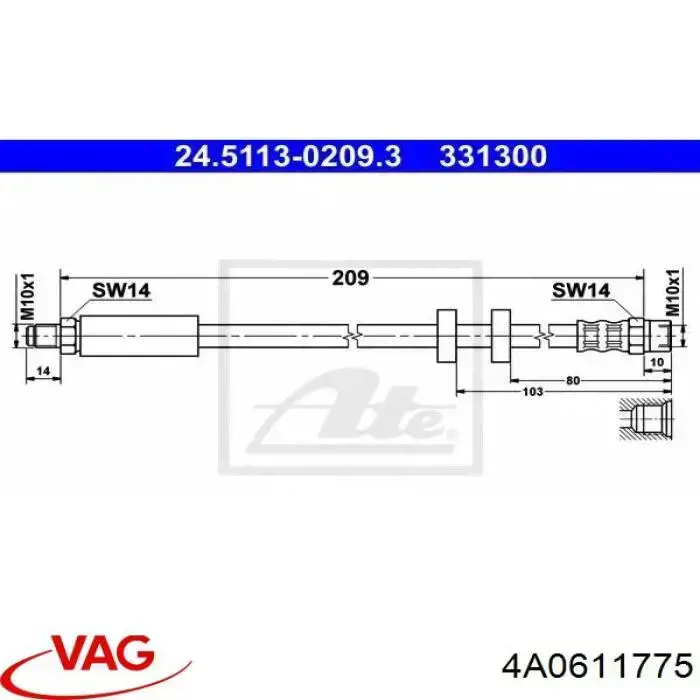Latiguillo de freno trasero 4A0611775 VAG