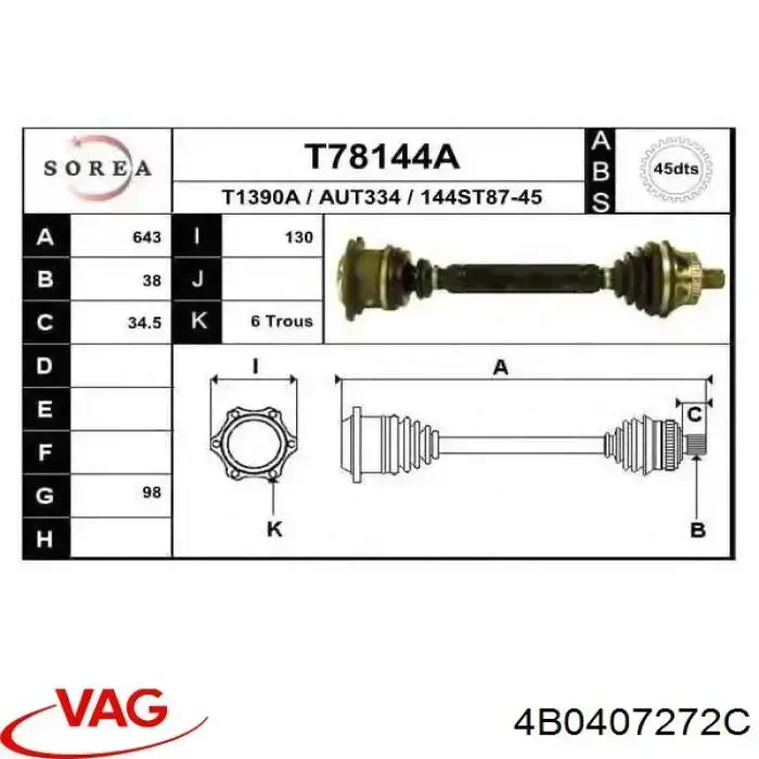 Semieje delantero derecho 4B0407272C VAG