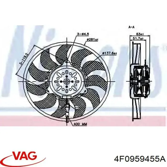 Ventilador de refrigeración completo derecho (motor y hélice) VAG 4F0959455A