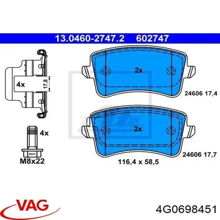 4G0698451 VAG Pastillas freno traseras