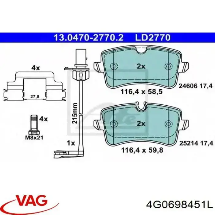 Pastillas de freno traseras 4G0698451L VAG
