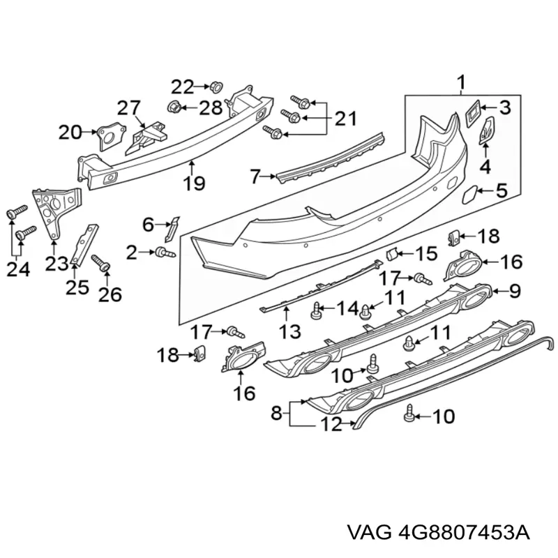 Soporte de paragolpes trasero izquierdo Audi A7 Sportback (4GA)