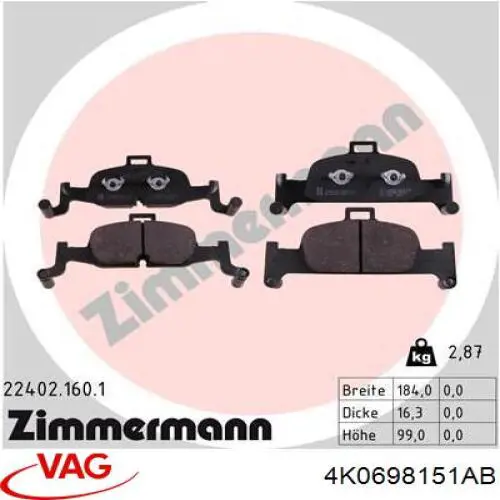 Pastillas freno delanteras VAG 4K0698151AB precio, desde 46,93 EUR