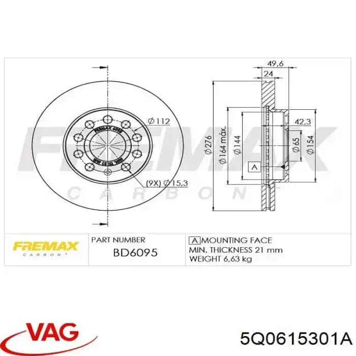 Disco de freno 5Q0615301A VAG