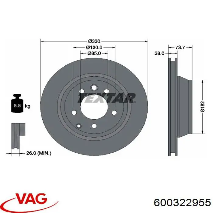 600.3229.55 VAG disco de freno trasero