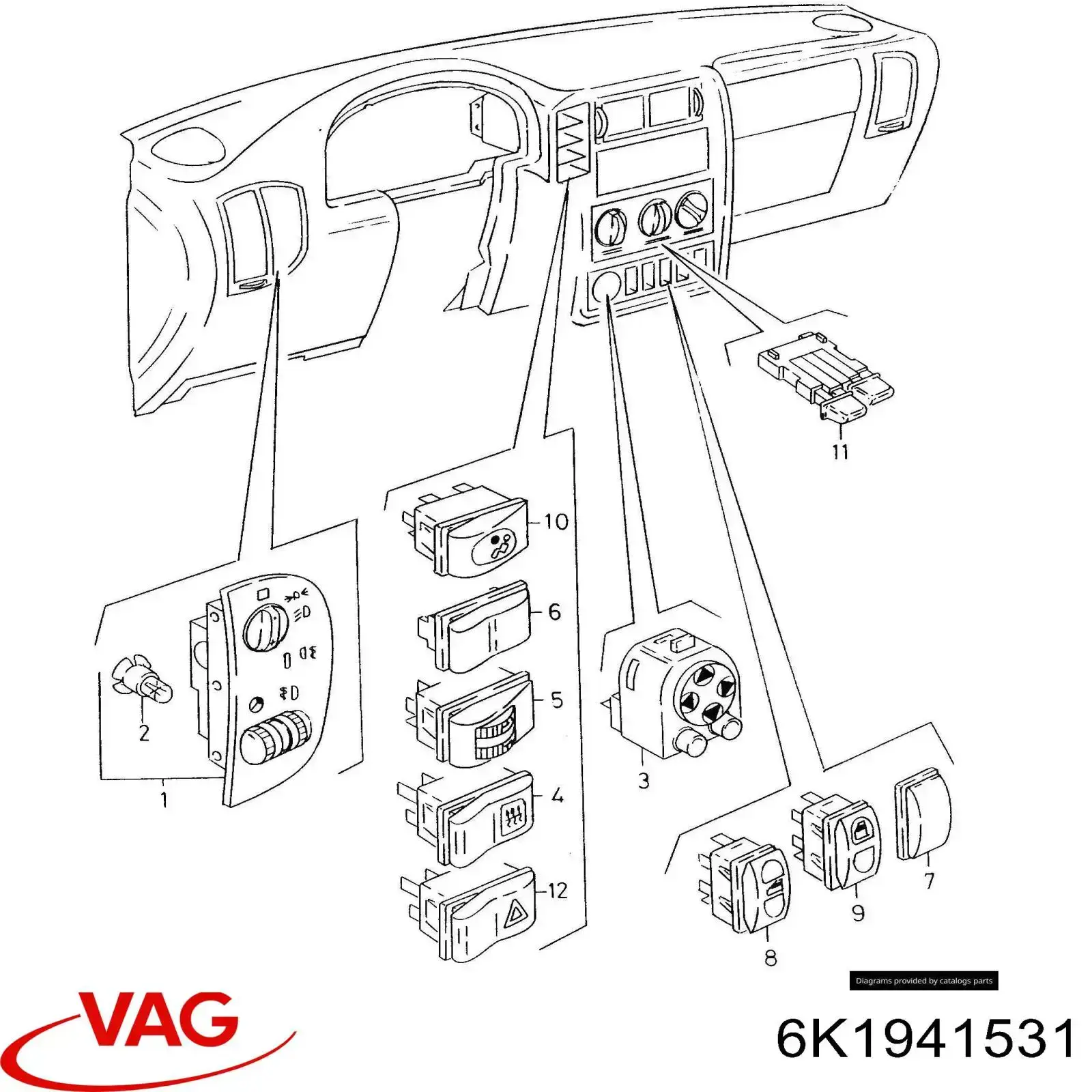 Interruptor de luces en el tablero VAG 6K1941531 precio, desde 30,49 EUR