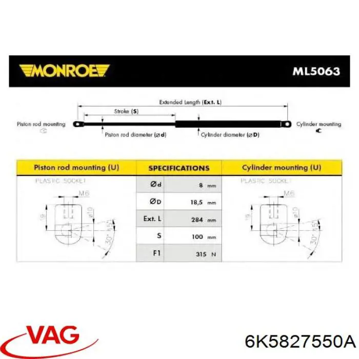 Amortiguador maletero 6K5827550A VAG
