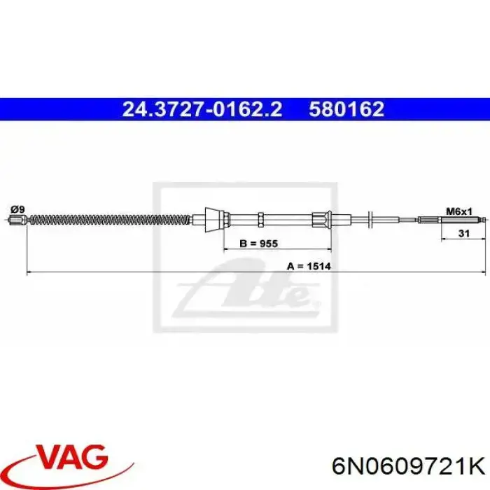 6N0609721K VAG cable de freno de mano trasero derecho/izquierdo