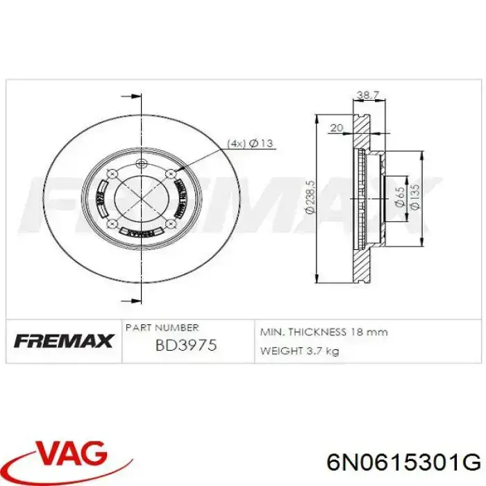 Disco de freno delantero VAG 6N0615301G