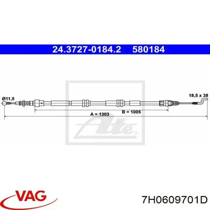 7H0609701D VAG Cable de freno de mano trasero derecho/izquierdo