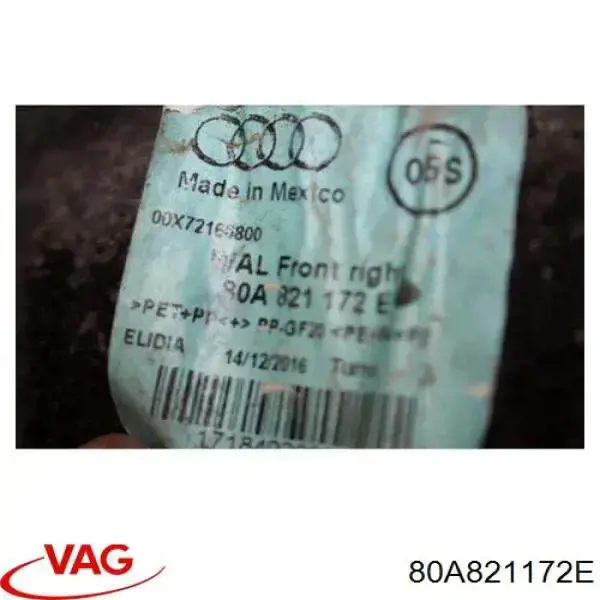 Guardabarros interior derecho, aleta delantera 80A821172E VAG