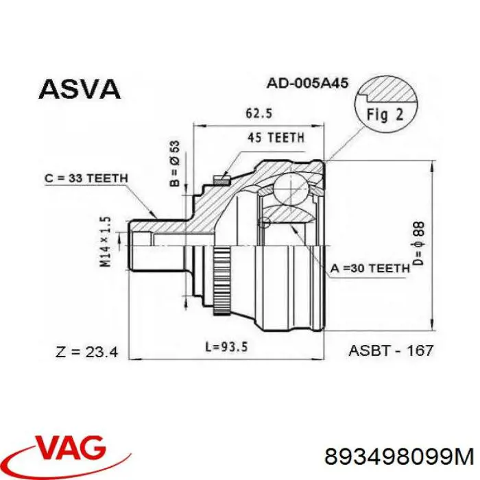 Junta homocinética exterior delantera Audi 80 89, 89Q, 8A