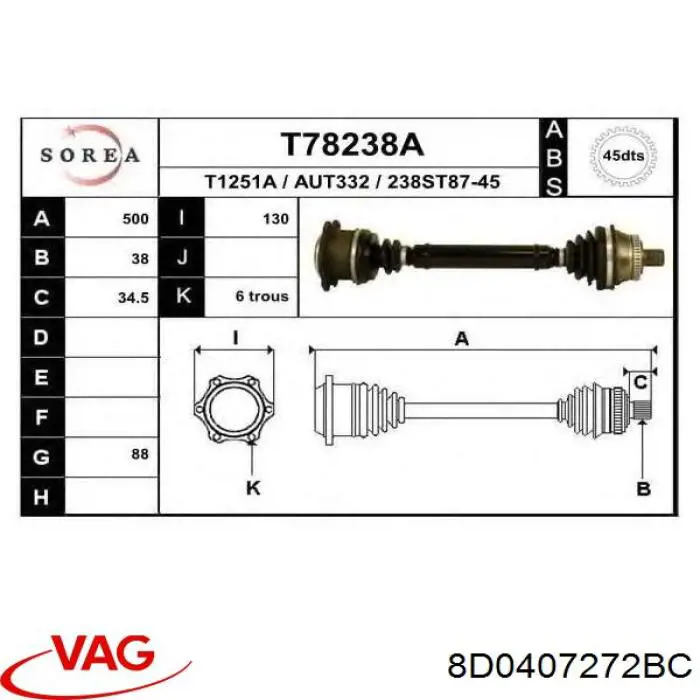 Semieje delantero derecho VAG 8D0407272BC precio, desde 98,60 EUR
