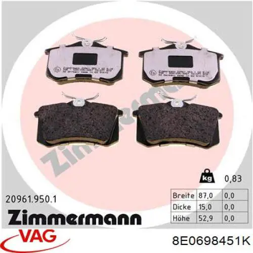 Pastillas traseras de freno VAG 8E0698451K precio, desde 18,53 EUR