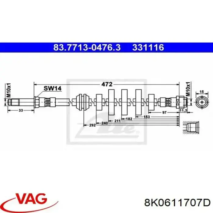 8K0611707D VAG Tubo de frenos delantero
