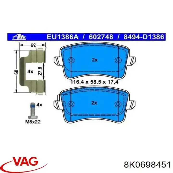 Comprar 8K0698451 VAG Pastillas de freno traseras
