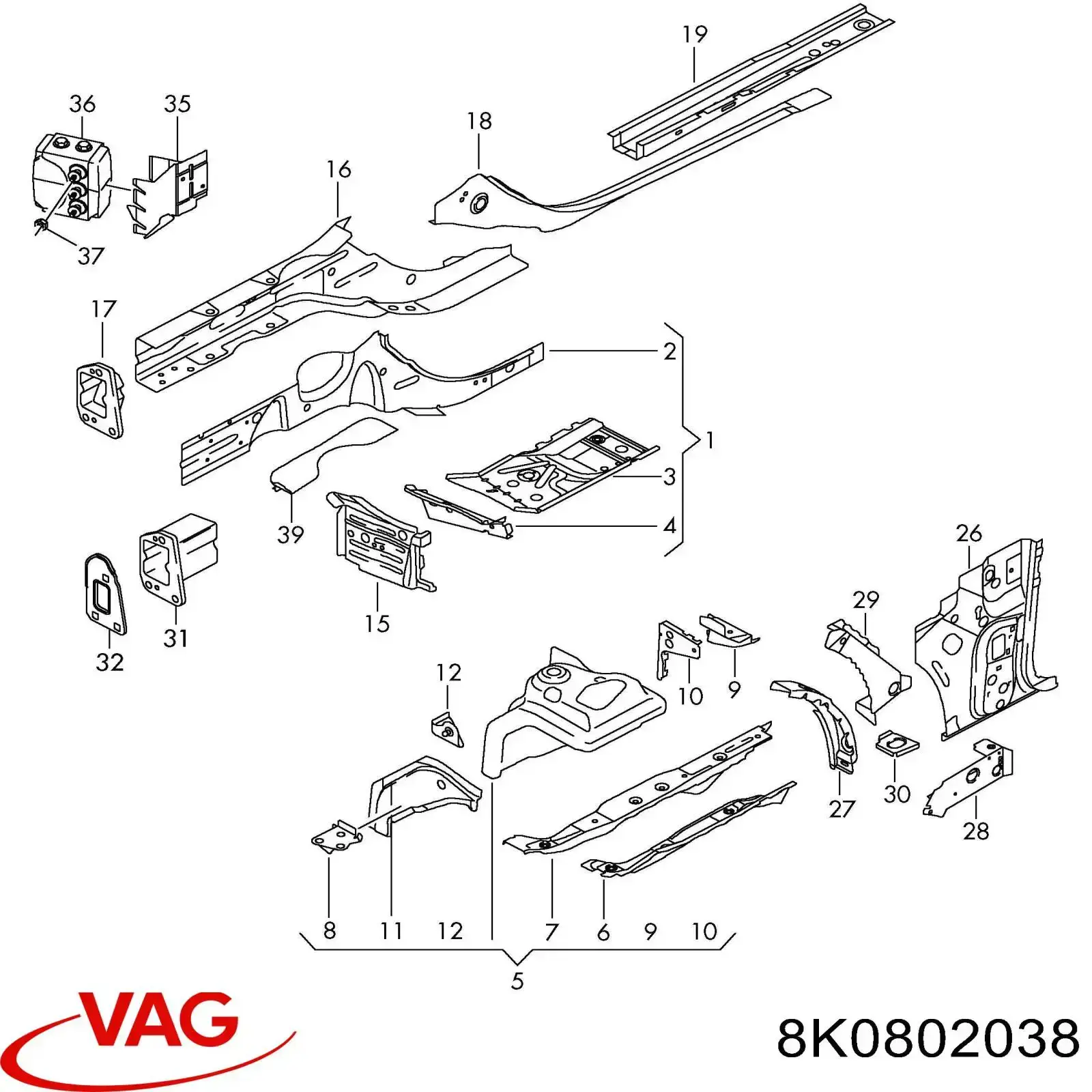 Longuero del chasis delantero derecho Audi A5 (8T3)