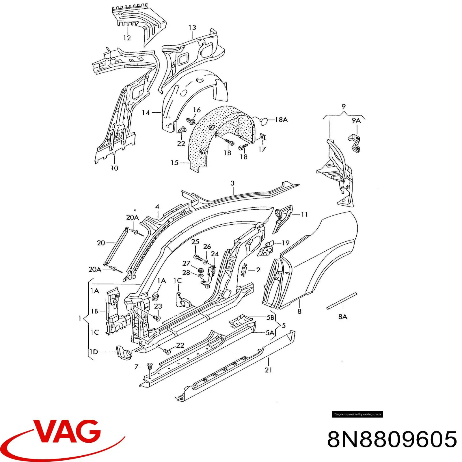 Aleta trasera izquierda VAG 8N8809605 precio, desde 119,56 EUR