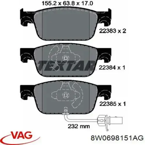 Pastillas de freno 8W0698151AG VAG