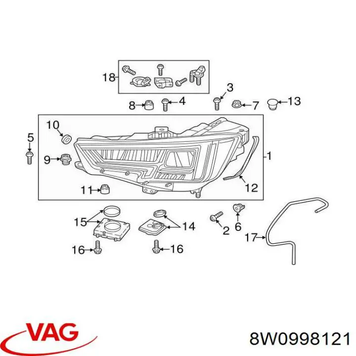 Soporte de fijación del faro delantero izquierdo VAG 8W0998121 precio, desde 19,06 EUR
