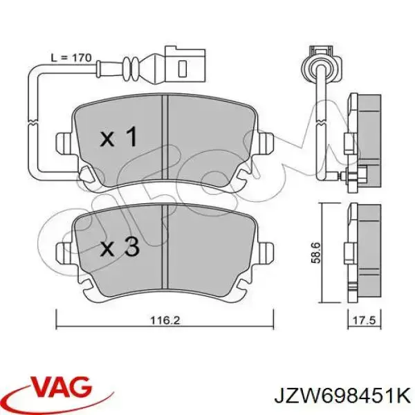 Comprar JZW698451K VAG Pastillas de freno traseras