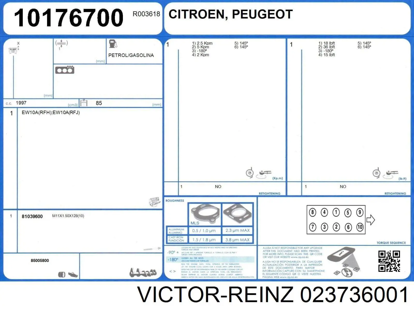 023736001 Victor Reinz juego de juntas de motor, completo, superior