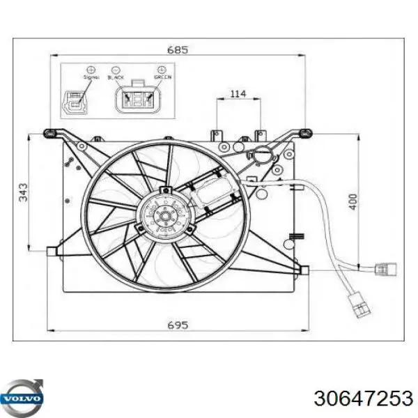 30647253 Volvo difusor de radiador, ventilador de refrigeración, condensador del aire acondicionado, completo con motor y rodete