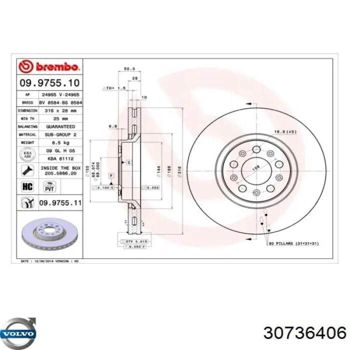 Frenos delanteros Volvo 30736406 precio, desde 48,40 EUR