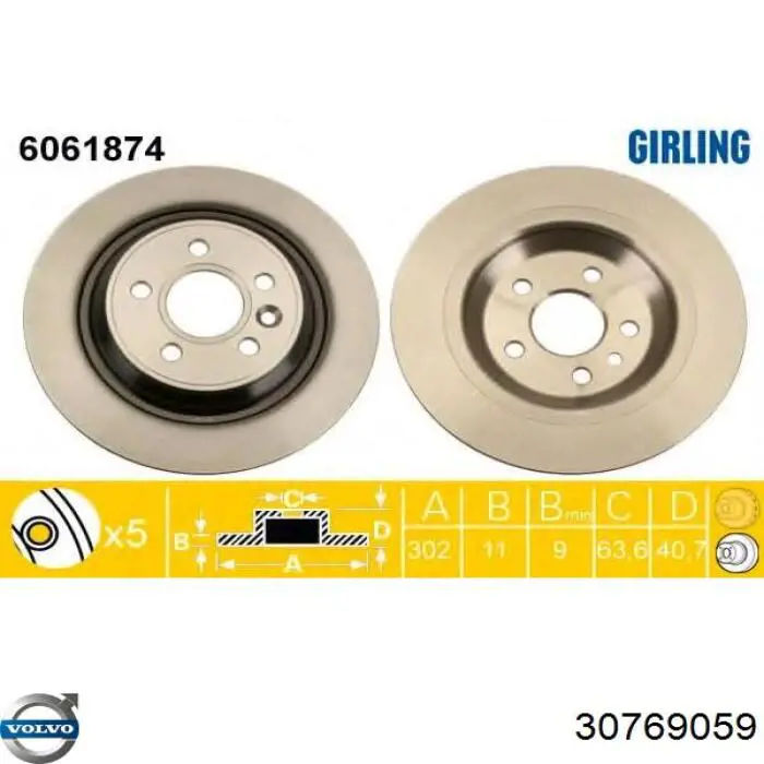 Disco de freno trasero 30769059 Volvo