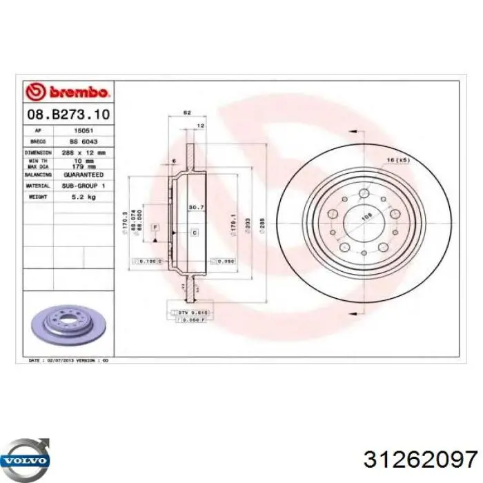 31262097 Volvo disco de freno trasero