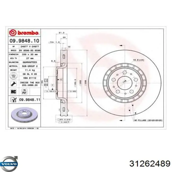 Frenos delanteros Volvo 31262489 precio, desde 55,28 EUR