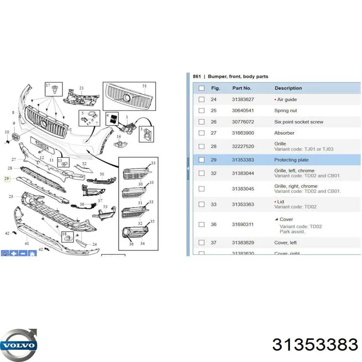 31353383 Volvo listón embellecedor/protector, parachoques delantero