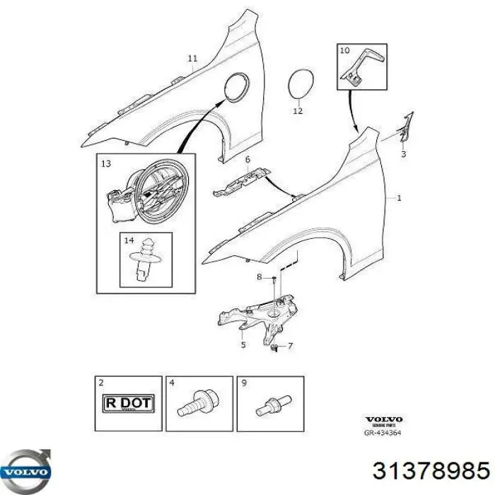 31378985 Volvo soporte para guardabarros delantero, derecho delantero