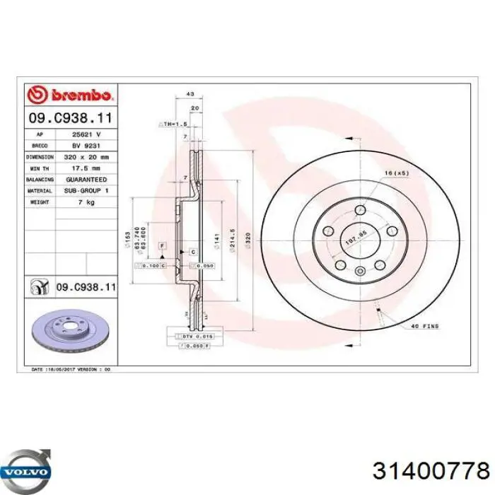 31400778 Volvo disco de freno trasero