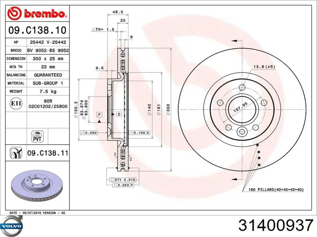 Freno de disco delantero Volvo V40 525, 526