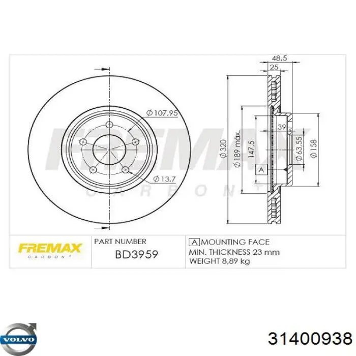 Disco de freno 31400938 Volvo